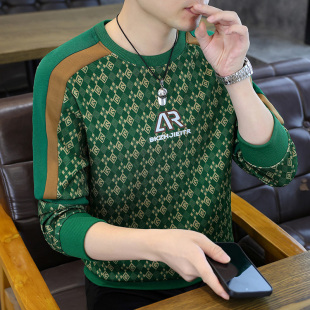 新款 休闲潮牌拼接色印花圆领长袖 大码 卫衣时尚 T恤ins 男士 2025秋季