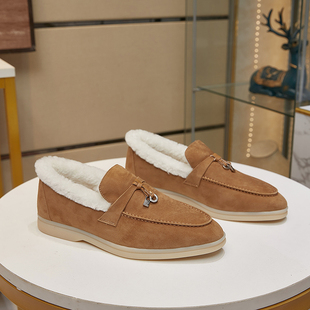 平底一脚蹬保暖女鞋 亏本清仓 P加绒乐福鞋 羊毛毛流苏磨砂皮L 冬季