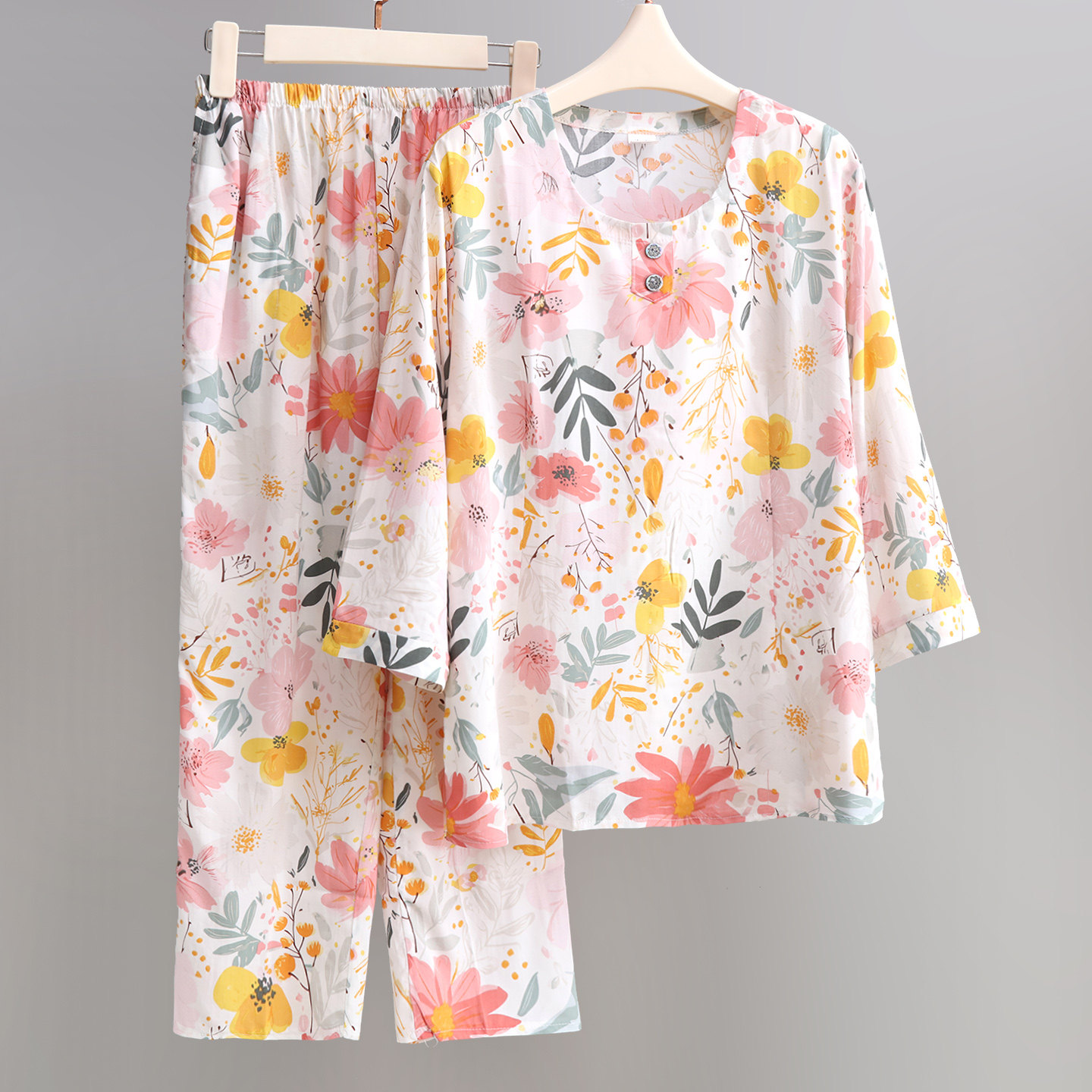 棉绸睡衣女夏季薄款中老年人绵绸家居服套头7分袖可外穿套装