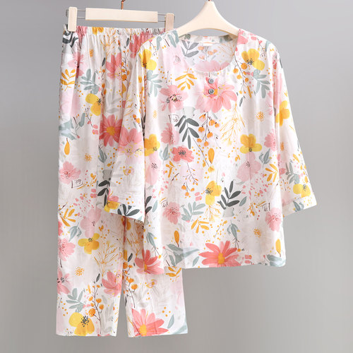 棉绸睡衣女夏季薄款中老年人绵绸家居服套头7分袖可外穿套装
