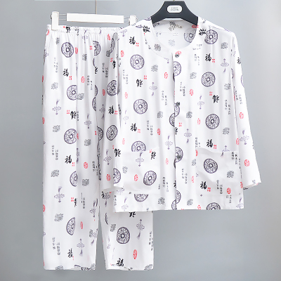 男士棉绸套装夏季中老年人造棉长袖开衫棉绸睡衣家居服外出套装