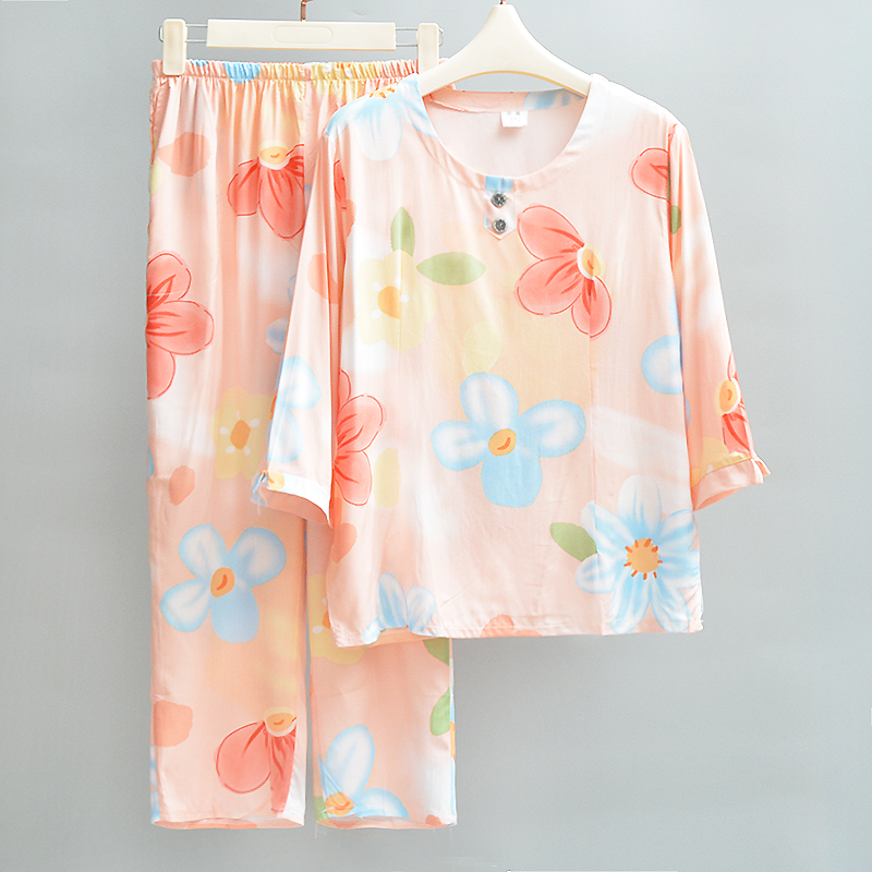 睡衣女夏款七分袖棉绸超薄凉快人造棉甜美套装薄款家居服可外穿
