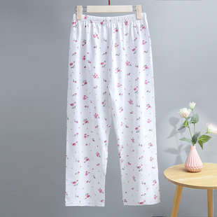 100%纯棉睡裤女夏季薄款全棉印花汗布中老年人老太太奶奶家居裤
