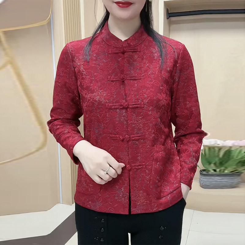 唐装天丝提花上衣国潮风新中式盘扣开衫外套60岁70岁妈妈装上衣女