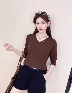 黑色t恤女士V领打底衫修身韩版显瘦上衣