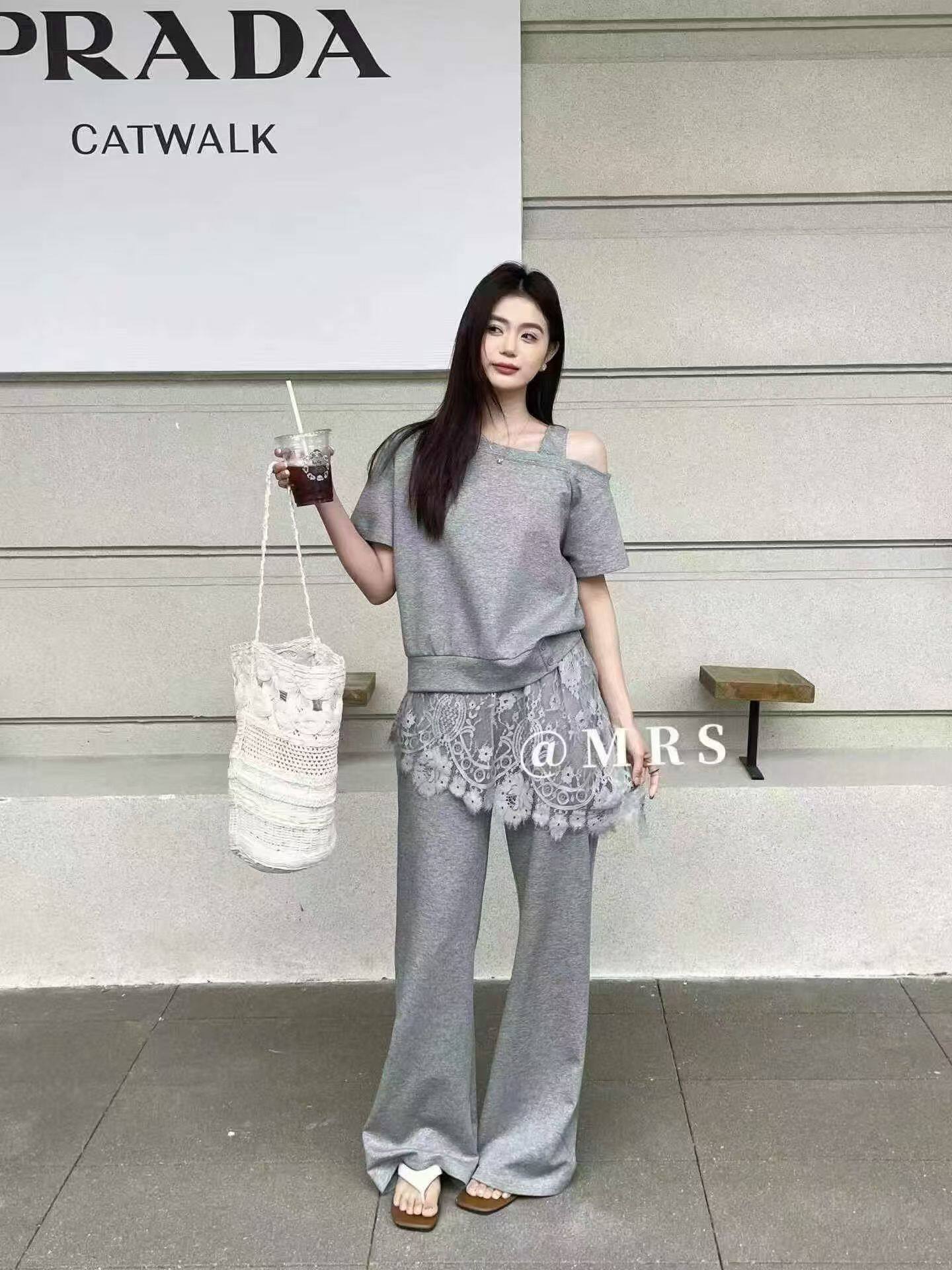 2026夏新款女士时尚休闲套装露肩蕾丝屁帘卫衣休闲裤黑色两件套装