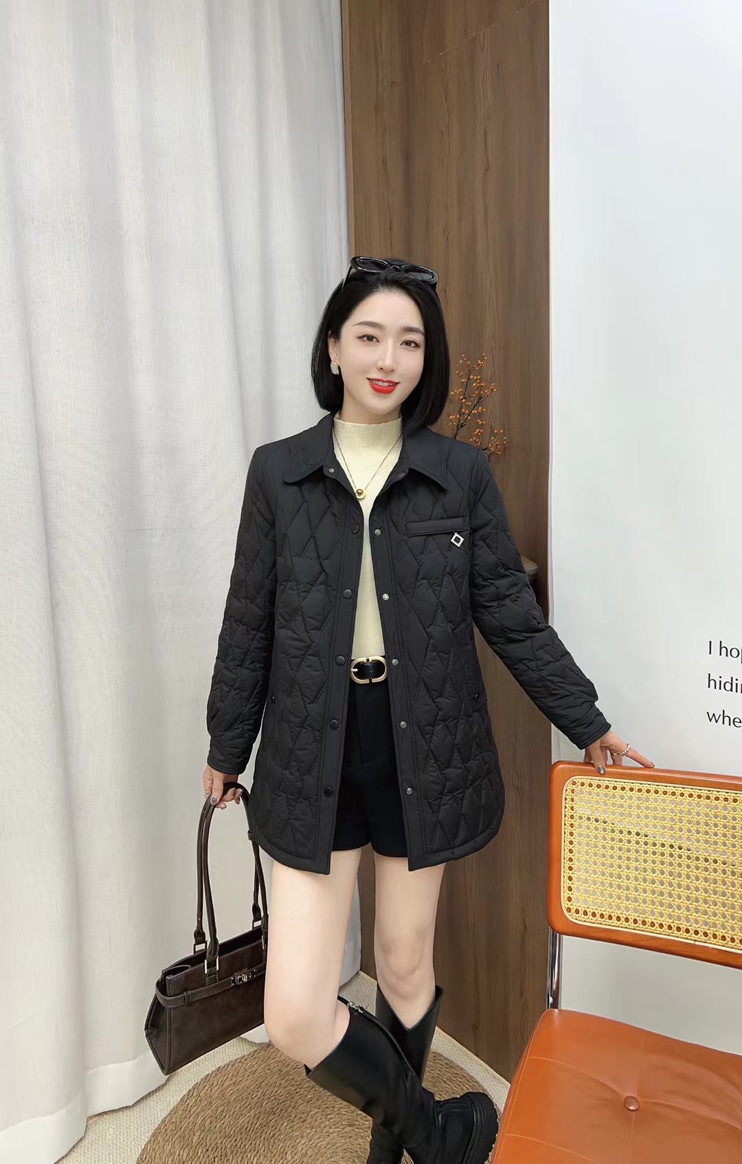 中长款翻领薄款棉衣女2025年秋冬季新款宽松大码纯色夹棉保暖外套