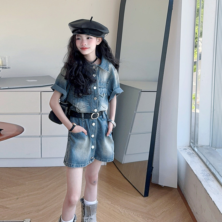 女童连衣裙牛仔套装2025新款大童夏季女孩洋气时髦背带裙儿童裤裙