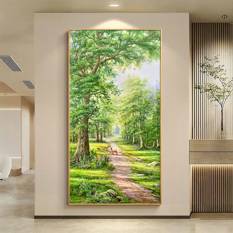 绿树成荫手绘油画入户玄关装饰画大芬村发财鹿壁画高级感大树挂画