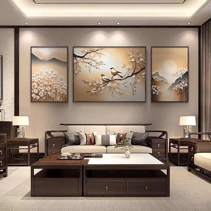 喜上枝头大芬村油画手绘油画客厅装饰画高档沙发背景墙挂画三联画