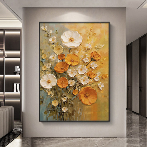 手绘心想事橙现代简约客厅装饰画橙色花卉玄关餐厅挂画肌理油画