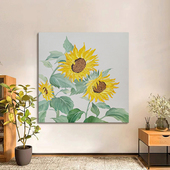 正方形向日葵手绘油画砂岩立体原木风花卉装 饰画客厅玄关肌理挂画