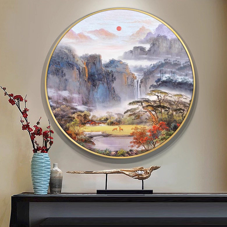 新中式入户玄关装饰画纯手绘风景山水聚宝盆油画定制客厅圆形挂画图片