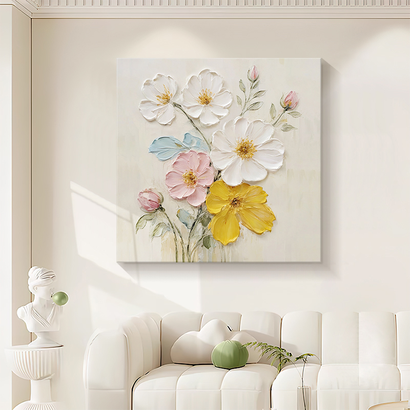 奶油风抽象花卉肌理手绘油画客厅装饰画立体卧室床头玄关挂画图片