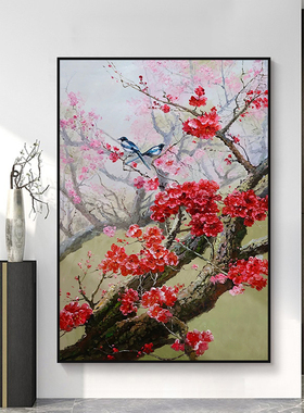 喜上枝头纯手绘油画新中式花鸟图客厅装饰画杜鹃玄关过道竖版挂画