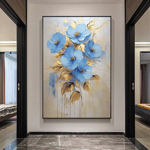 《花漾绽放》蓝色花卉手绘油画玄关装饰画大芬村立体肌理客厅挂画