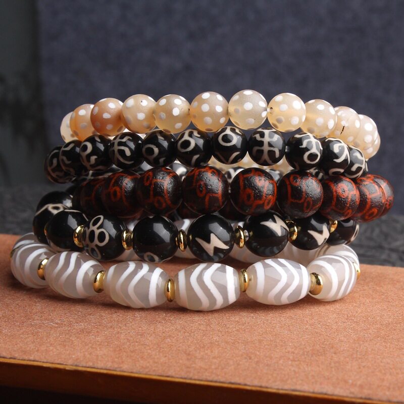 雪域白九眼天珠手链男女款三九眼虎牙天珠手串复古民族风配珠