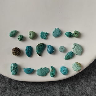 天然原矿绿松石雕刻件莲花卡子老型背云回纹珠文玩配饰串挂件三通