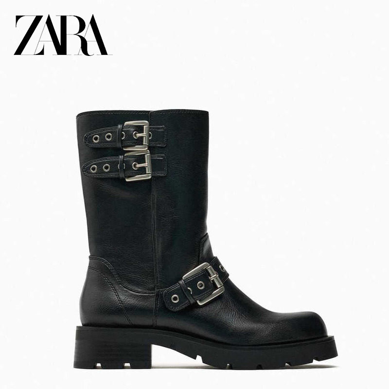 봄과 가을 새로운 스타일 버클 장식 오토바이 부츠 라이더 부츠 종아리 중반 부츠 두꺼운 뒤꿈치 짧은 부츠 블랙 마틴 부츠 웨스턴 가죽 부츠