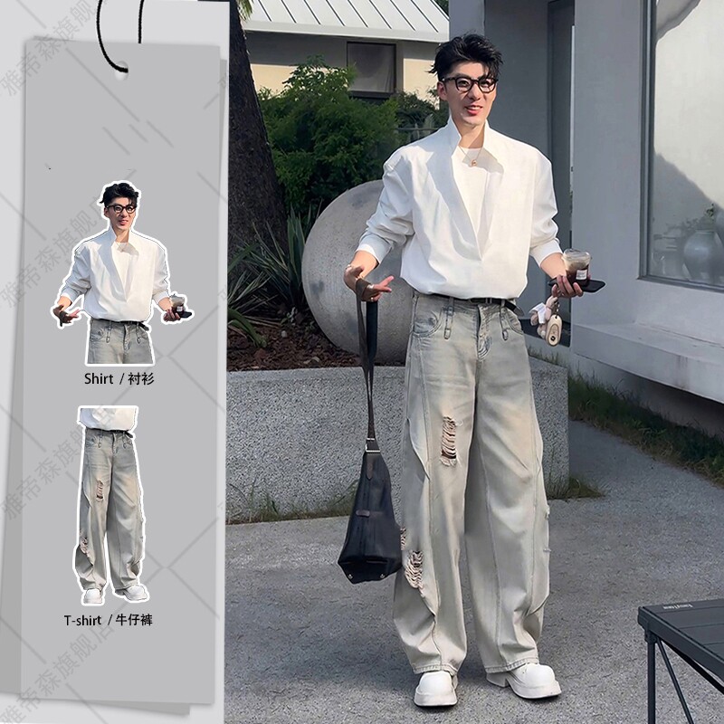秋季假两件立领白色长袖衬衫男装痞帅一套搭配美式弯刀破洞牛仔裤