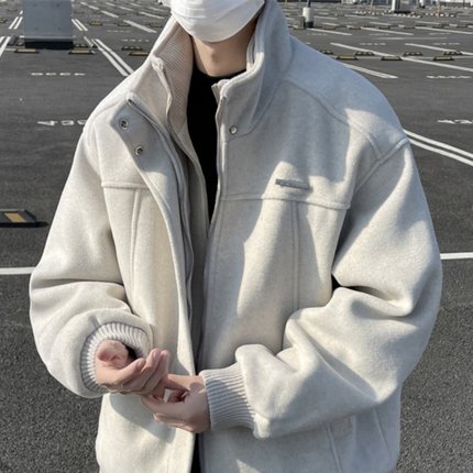 假两件毛呢外套男秋冬季2024新款潮牌小众设计感美式立领夹克上衣