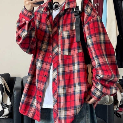 韩系红色格子长袖衬衫男女