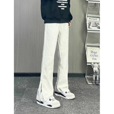 白灰色拉链微喇卫裤男款