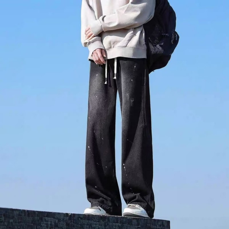 牛仔裤男秋冬款直筒宽松抽绳休闲长裤新款日系复古痞帅阔腿裤潮流,男装,卫裤,淘宝优惠券,粉丝福利购,淘宝优惠卷