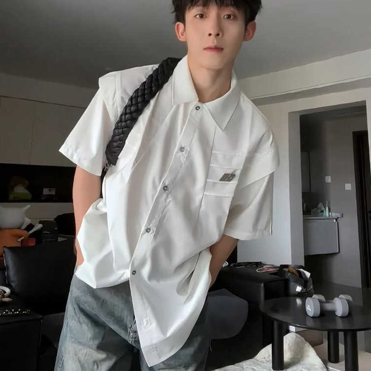 解构压褶短袖衬衫男设计感