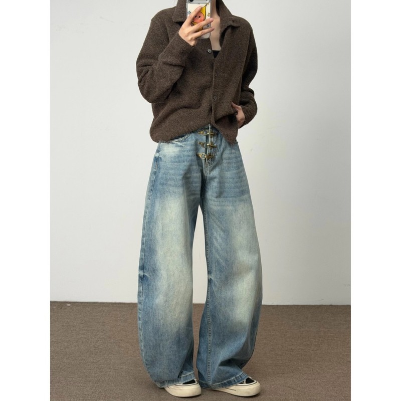 美式宽松设计感直筒长裤复古飞机扣弯刀牛仔裤男女水洗阔腿休闲裤,男装,卫裤,淘宝优惠券,粉丝福利购,淘宝优惠卷