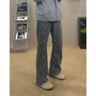 美式复古满印字母cleanfit牛仔裤男款春季提花裤子直筒显瘦微喇裤