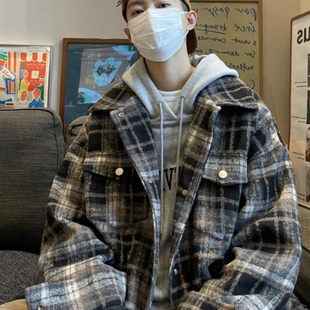 美式复古格子外套男款春秋潮牌高街vibe棒球服小香风衬衫夹克褂子