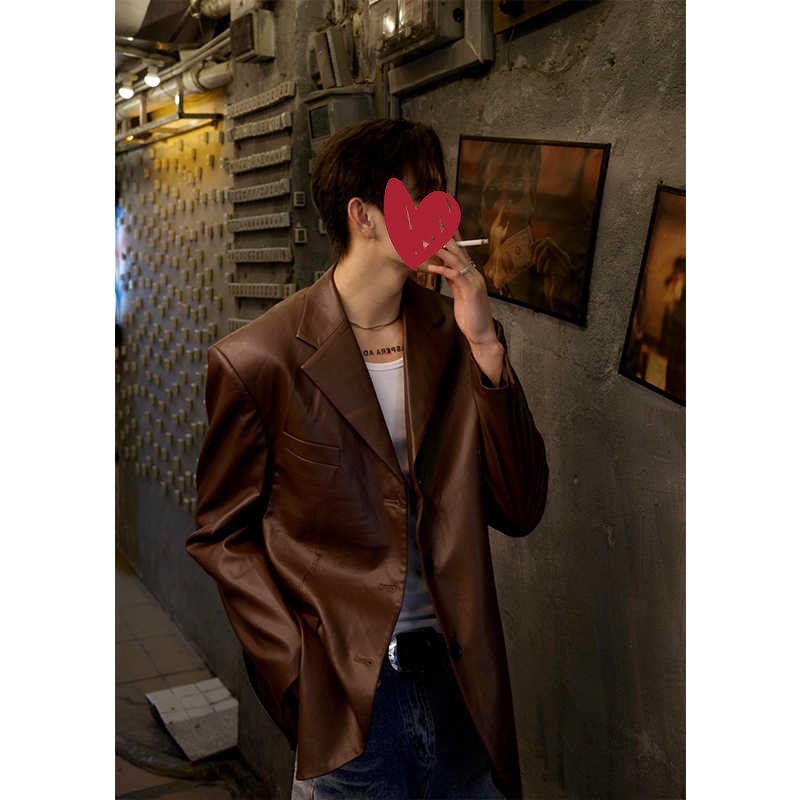 棕色垫肩PU皮衣外套男