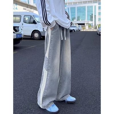 条纹黄泥牛仔裤男秋季直筒