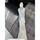 子直筒微喇裤 美式 春季 高级感水洗裤 vibe浅蓝色提花满印牛仔裤 男款