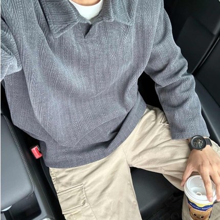 美式麦穗纹卫衣男款春秋季重磅潮牌衬衫领polo衫痞帅正肩长袖T恤