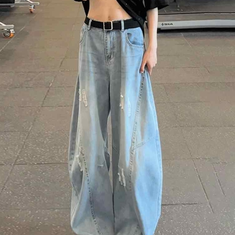 浅蓝色破洞牛仔裤男夏季薄款解构廓形弯刀裤子美式高街直筒阔腿裤