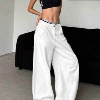 纯白色廓形阔腿弯刀裤男高腰