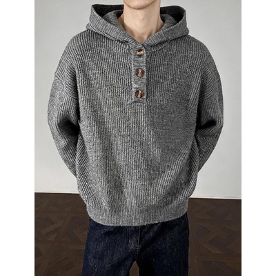 美式复古纽扣连帽针织衫男款