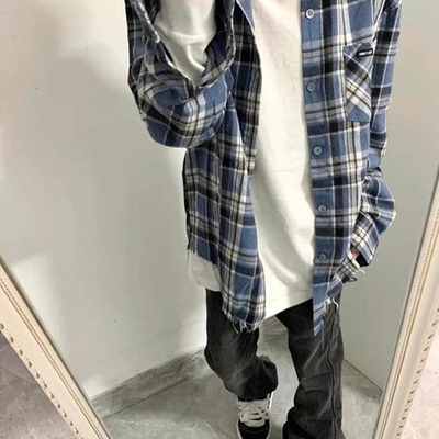 蓝色格子衬衫男款美式复古