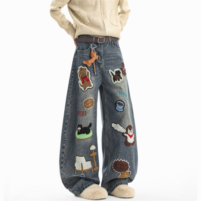 美式卡通毛巾绣牛仔裤男生春秋季潮牌设计感裤子男款爆款2026新款,男装,卫裤,淘宝优惠券,粉丝福利购,淘宝优惠卷