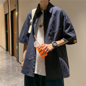 新款 港风休闲短袖 条纹衬衫 夏季 男宽松潮流五分袖 衬衣ins韩版 寸衫