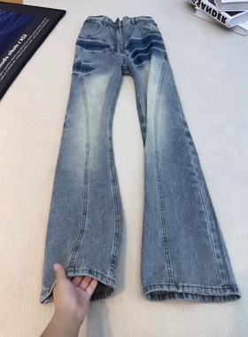 蓝色闪电纹斜切弯刀牛仔裤男冬季美式cleanfit裤子直筒修身微喇裤