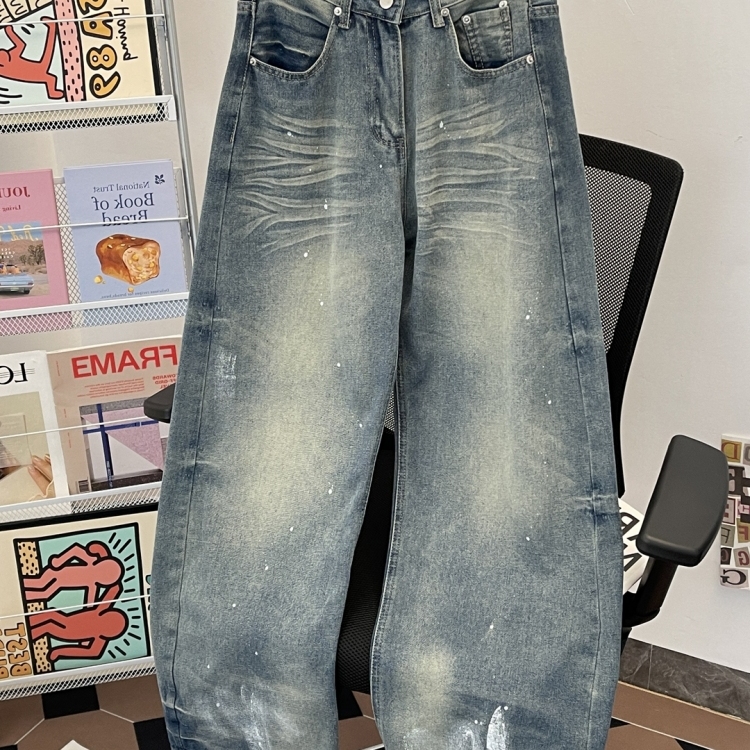 美式复古做旧磨白猫须牛仔裤