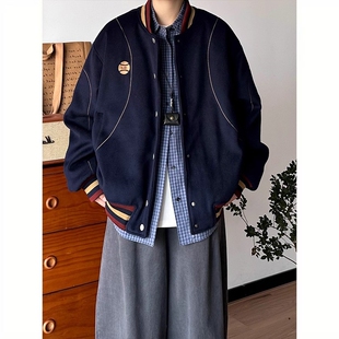 日系复古秋冬新款休闲毛呢棉衣美式刺绣棒球服外套男女运动风外套