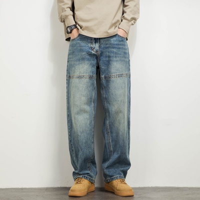 水洗蓝色牛仔裤男潮牌宽松直筒裤