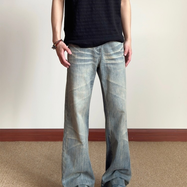 美式高街cleanfit微喇牛仔裤男女春秋季修身闪电猫须休闲直筒长裤,男装,卫裤,淘宝优惠券,粉丝福利购,淘宝优惠卷