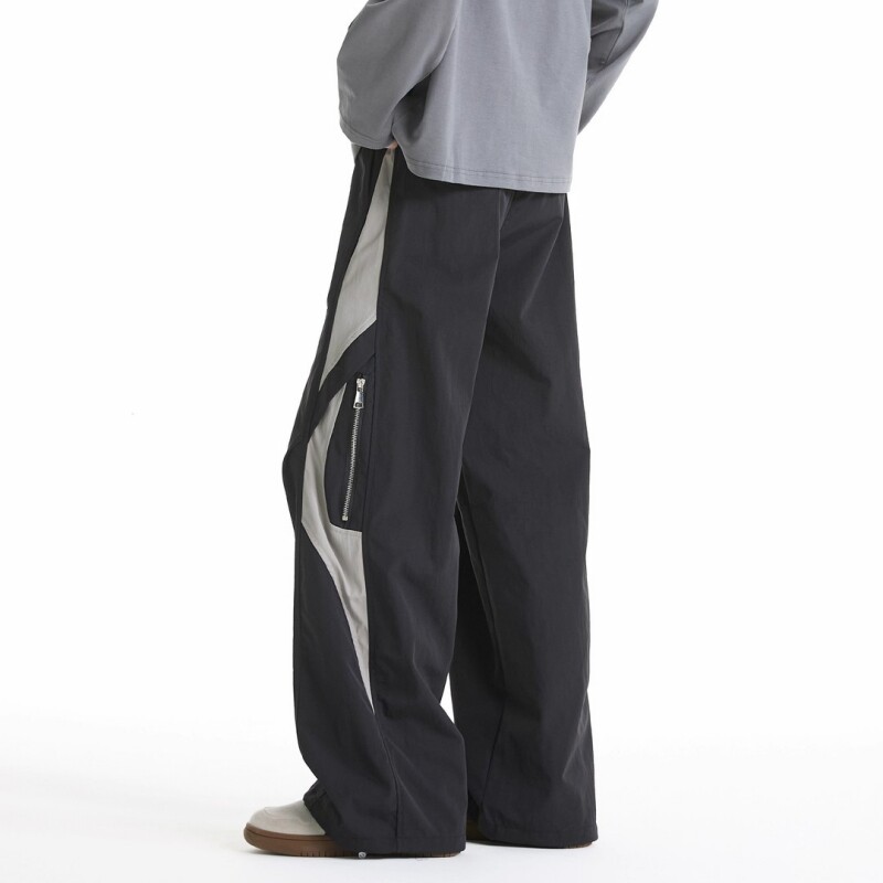 美式拼接拉链休闲裤男潮牌春秋季拼色百搭长裤宽松直筒工装冲锋裤