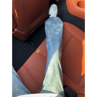 美式vibe浅蓝色提花满印牛仔裤
