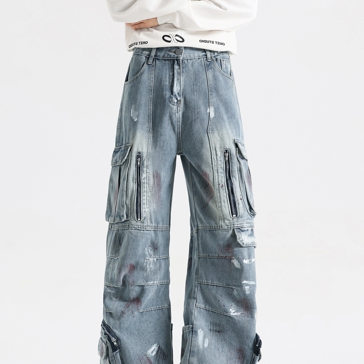 美式复古泼墨工装牛仔裤